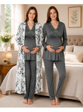 Effortt 8094 Koyu Gri Lohusa Hamile Pijama Takım Sabahlık
